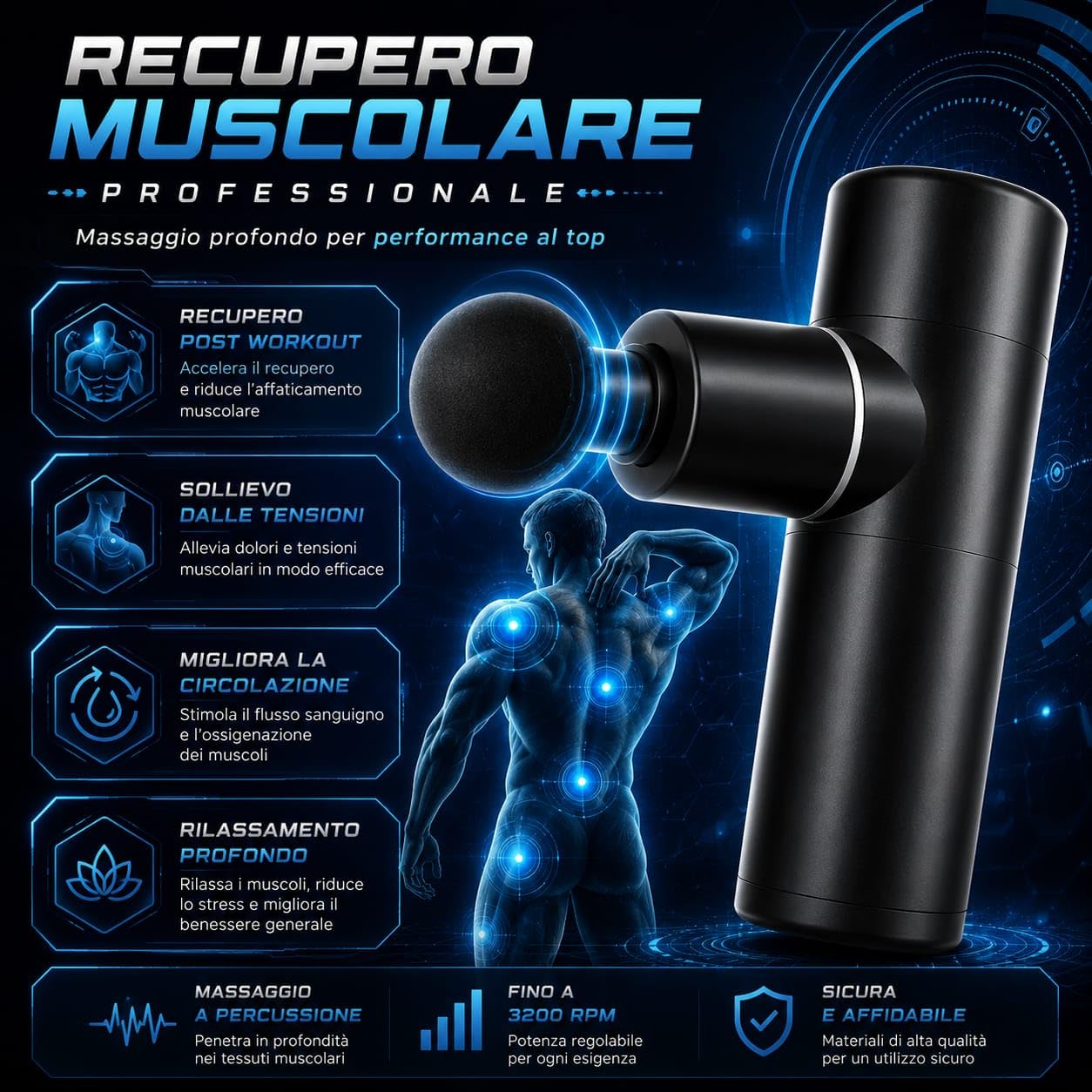 Pistola Massaggiante Professionale – Pistola Massaggio Muscolare Profondo - Display LCD, 3200 Giri/min, 4 Testine, Batteria 2500mAh, Ricarica USB-C Recupero Muscolare