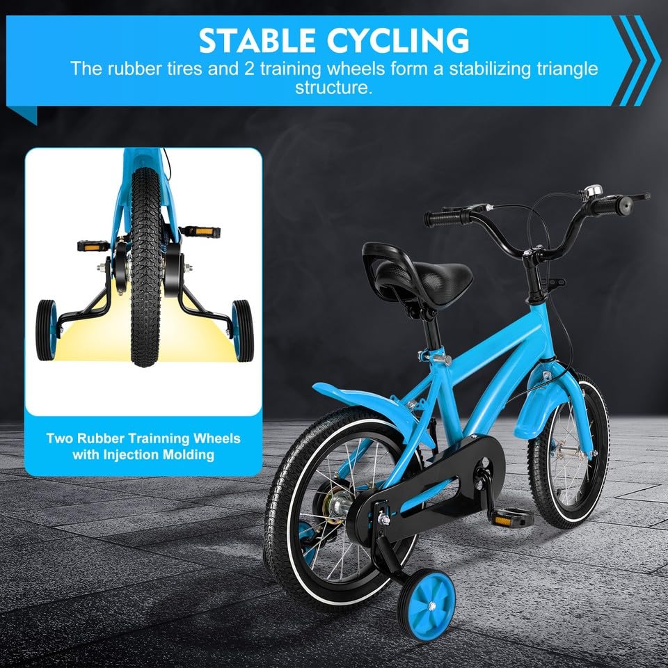 MccoMMon Vélo pour enfant de 14 pouces à partir de 4 ans, vélo pour garçon et fille, avec roues d'entraînement, freins à rétropédalage, roues supplémentaires réglables en hauteur, double système de