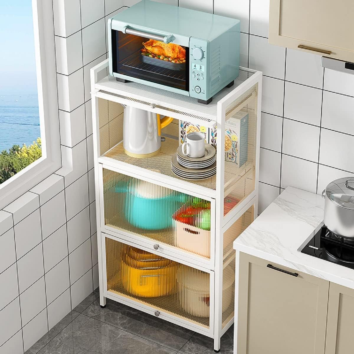 Bakers Rack With Storage, Bakers Racks For Kitchens, 4-Tier Flip-Top Kitchen Storage Shelf, With 4 Hooks, Semi-Transparent Cabinet Door, Adjustable Foot Pads (White, 4 Tier)