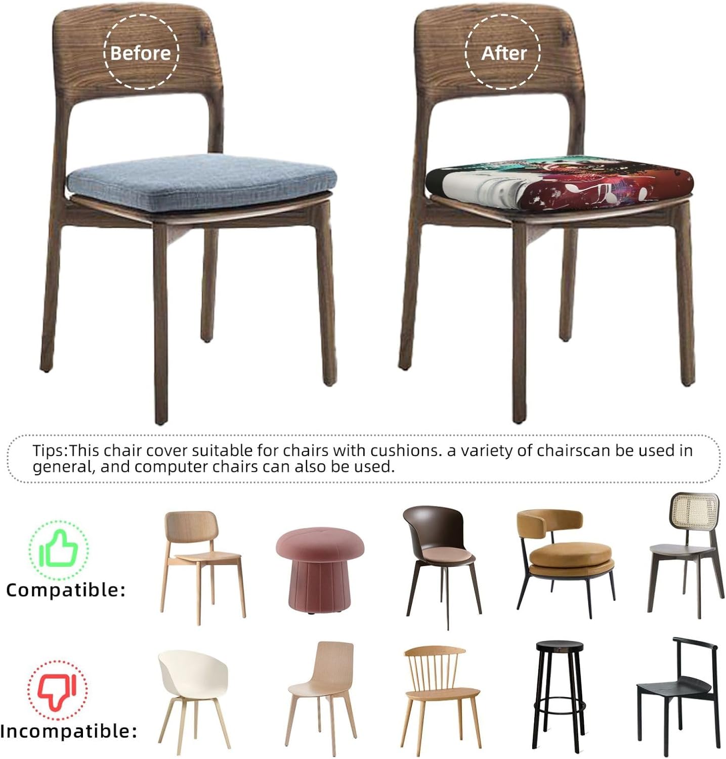 Music 1 Print Square Cushion Covers 6 Pcs Set Elastic Non-Slip Seat Cushion Slipcovers Pet Furniture Protectors for Chair, Sofa