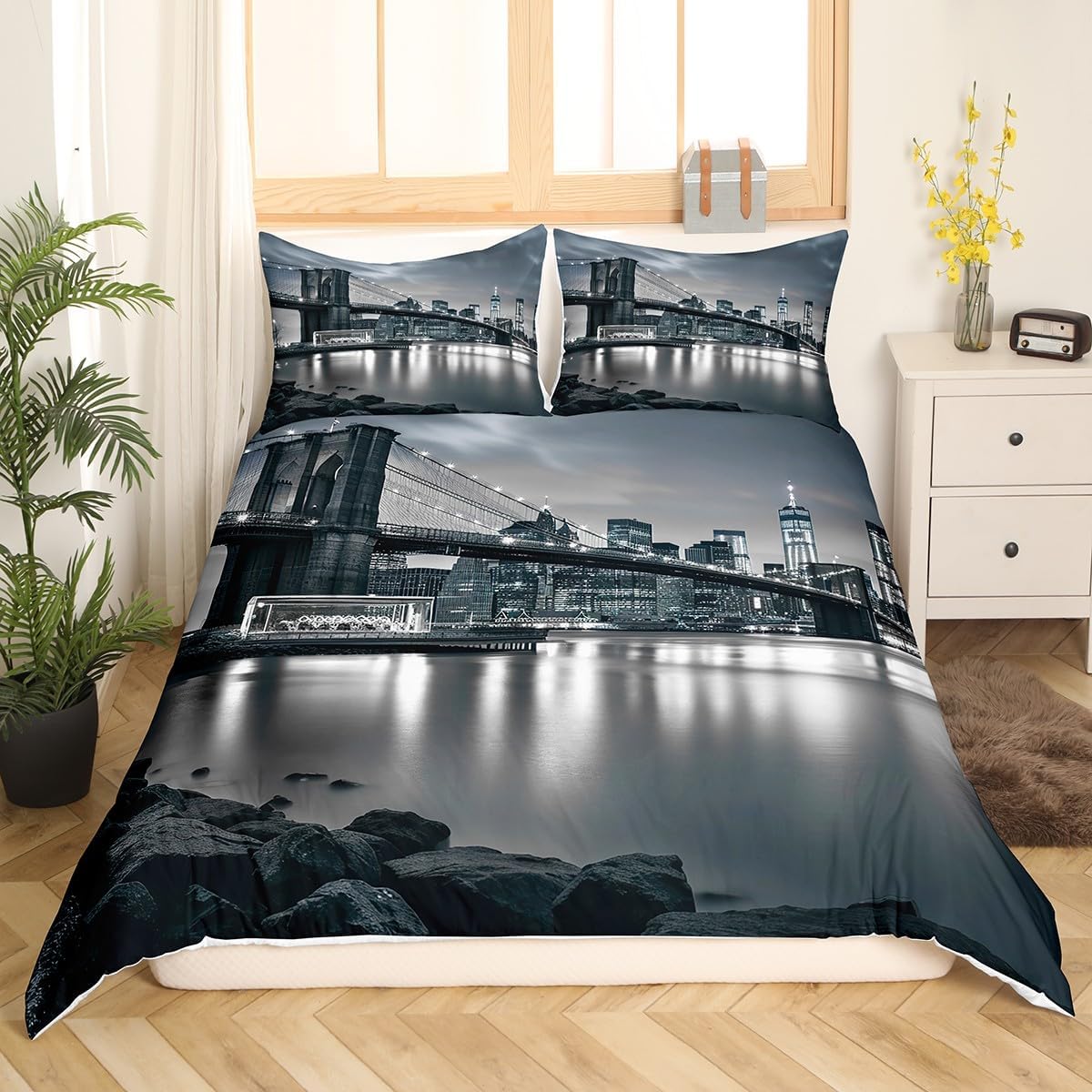 Feelyou Brooklyn Bridge Duver Cover Set Kids New York City Black and White Bedding Set Famous Town Image Quilt Cover Decor Bedroom Collection 3Pcs Queen Size