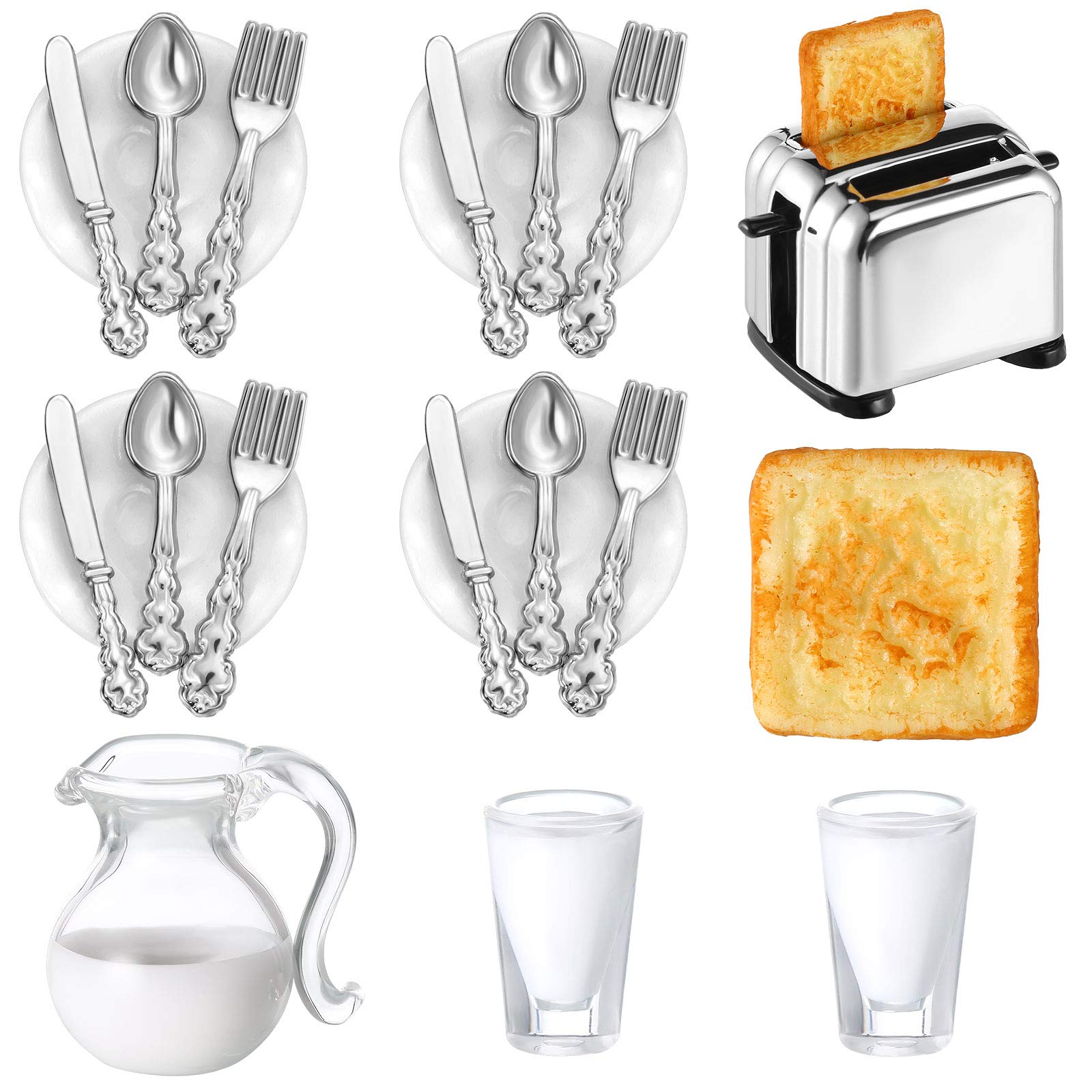 22 Pieces 1:12 Scale Miniatures Dollhouse Kitchen Accessories, 3 Miniature Scene Mode Drinks Set, Scene Model Toast Machine with 2 Toast, 16 Mini Doll Plates Knife Fork Spoons (Milk)