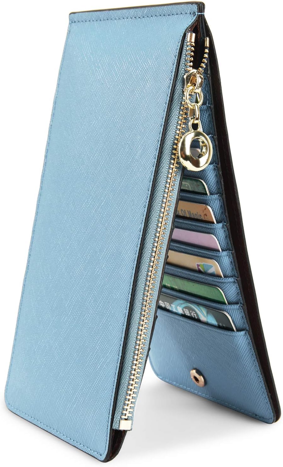 Women's Leather RFID Blocking Card Holder Phone Wallet 20 Card Slots Zip Pocket Money Compartment Gift Box Packpage Crossing Lines Sky Blue