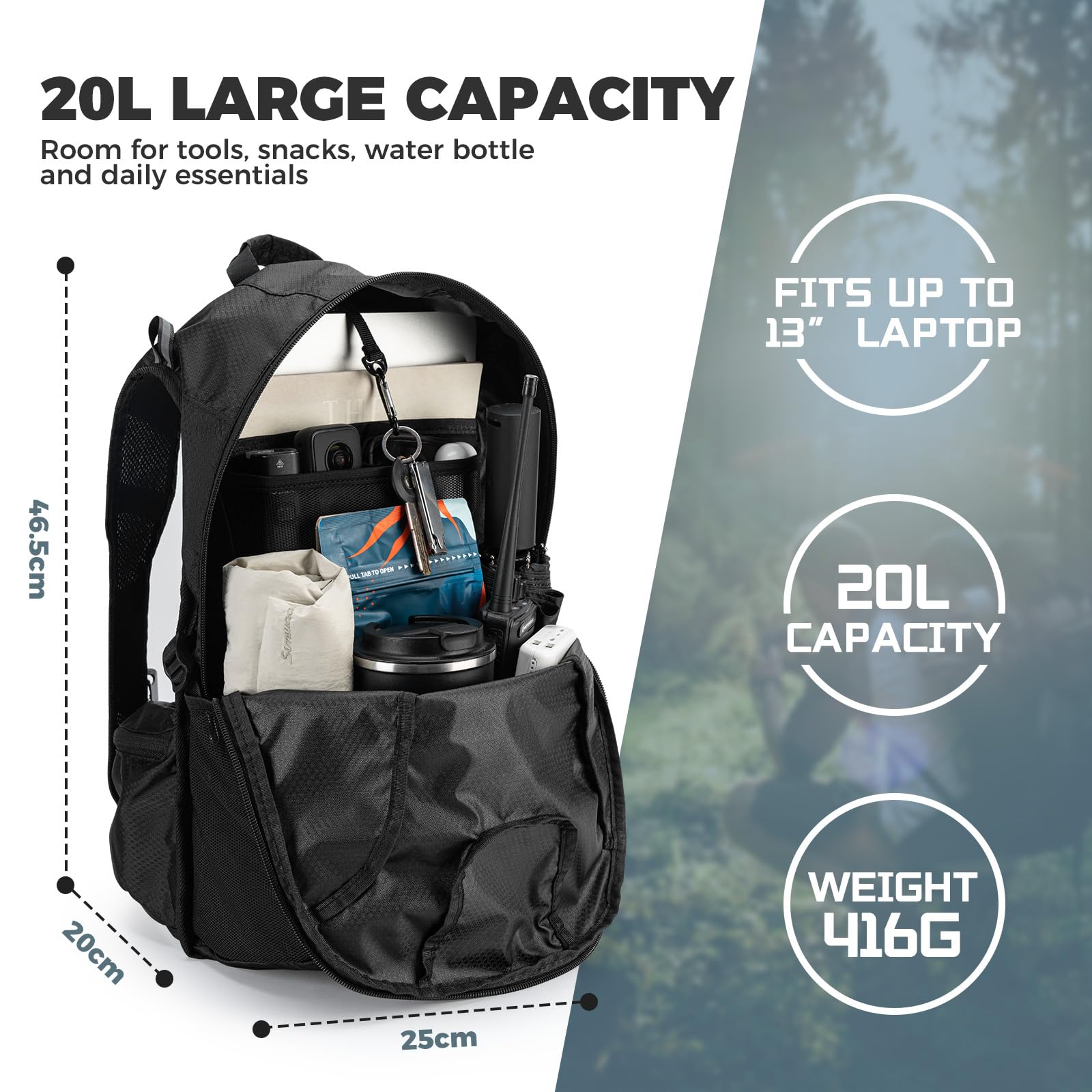 ROCKBROS Wanderrucksack 20L Trekkingrucksack Faltbar, Ultraleicht Reißfest | Outdoor Rucksäcke Mit Rückenbelüftung Herren Damen, für Camping Wandern Reisen Klettern Bergsteigen