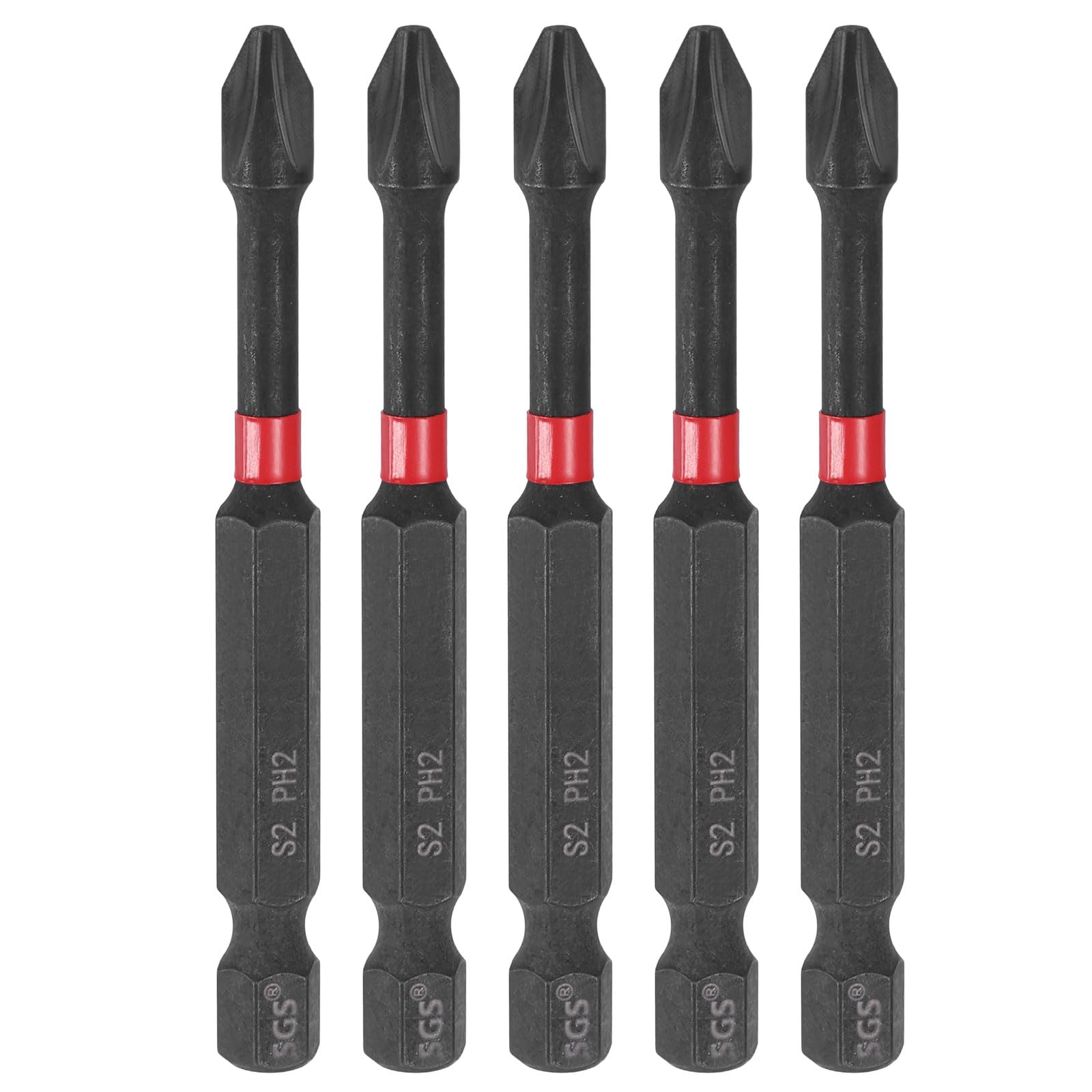 sourcing map 5pcs #2 Phillips Impact Screwdriver Bit PH2 1/4" Hex Shank 2.8" (70mm) Long Magnetic Cross Head Drill Bits S2 Steel Industrial Screw Driver for Impact Power Drivers, Black/Red