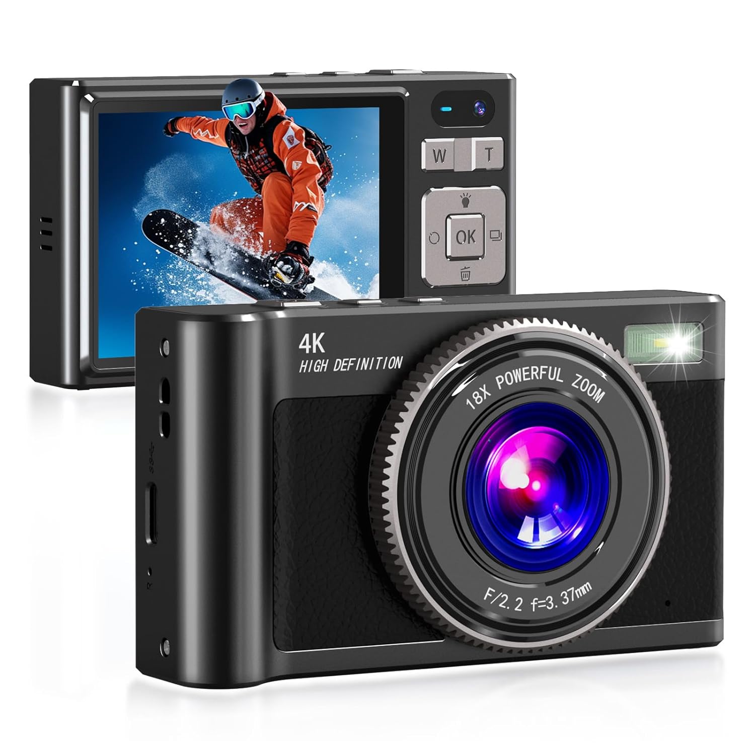 Forc Digital Camera,4K Camara de Fotos with 64GB Card,18X Zoom Anti-Shake Video,Vintage Camera for Camping Traveling Vlogging &Teen Parties,Portable for Kids Girls Boys Gifts