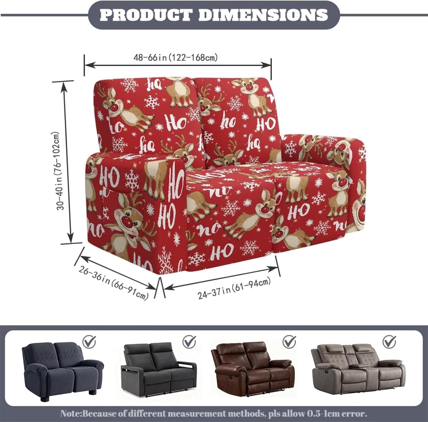 Biyejit Xmas Reindeer 2 Seat Recliner Loveseat Covers, Recliner Couch Covers Soft Reclining Slipcovers Washable 6 Pieces Sofa Slipcovers for Living Room Christmas Decor