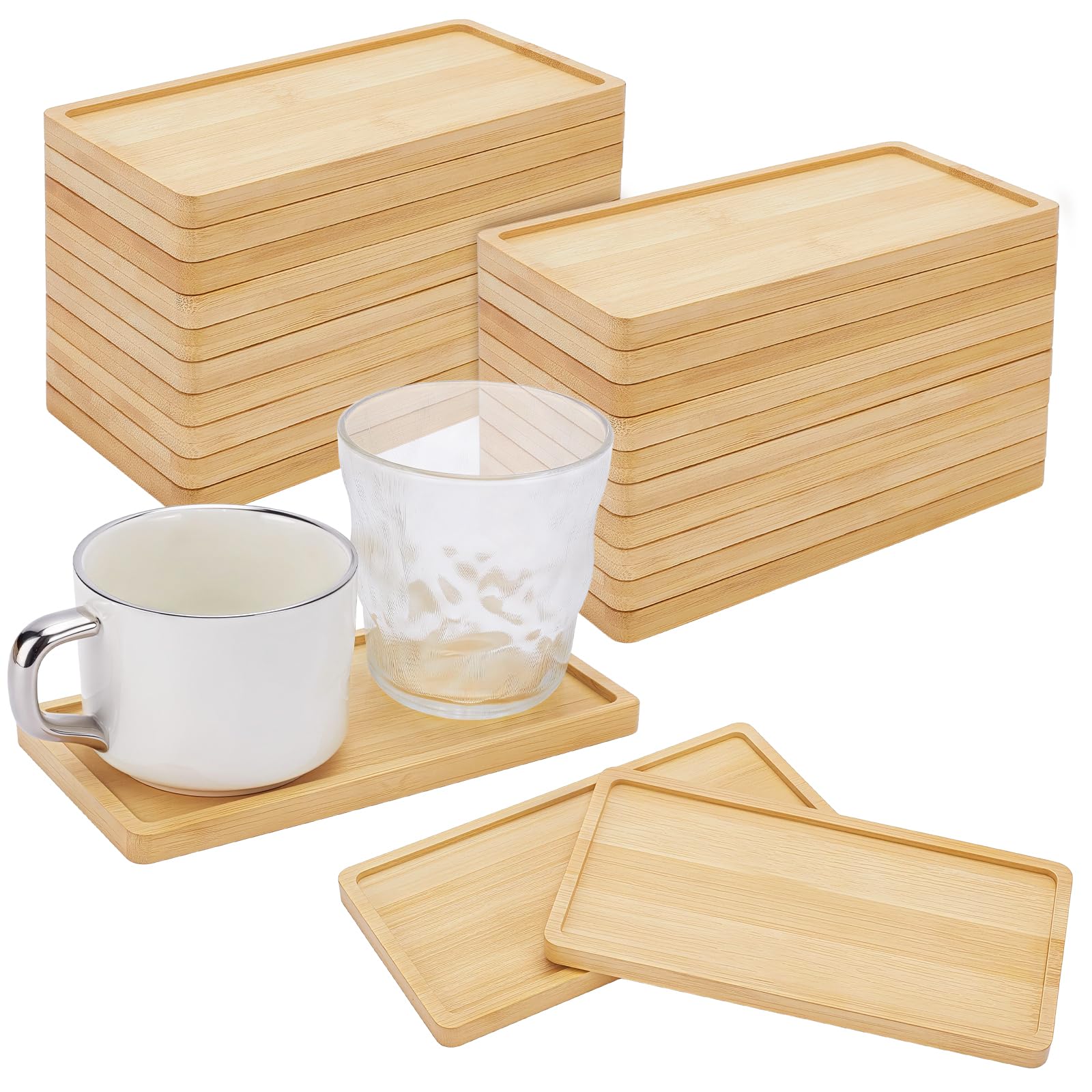 24 bandejas pequeñas de bambú rectangulares para lavabo, bandeja para servir de 6,6 x 3,4 pulgadas, apilable, de madera, para baño, mostrador, comida, aperitivo, té, postre, cocina, hogar