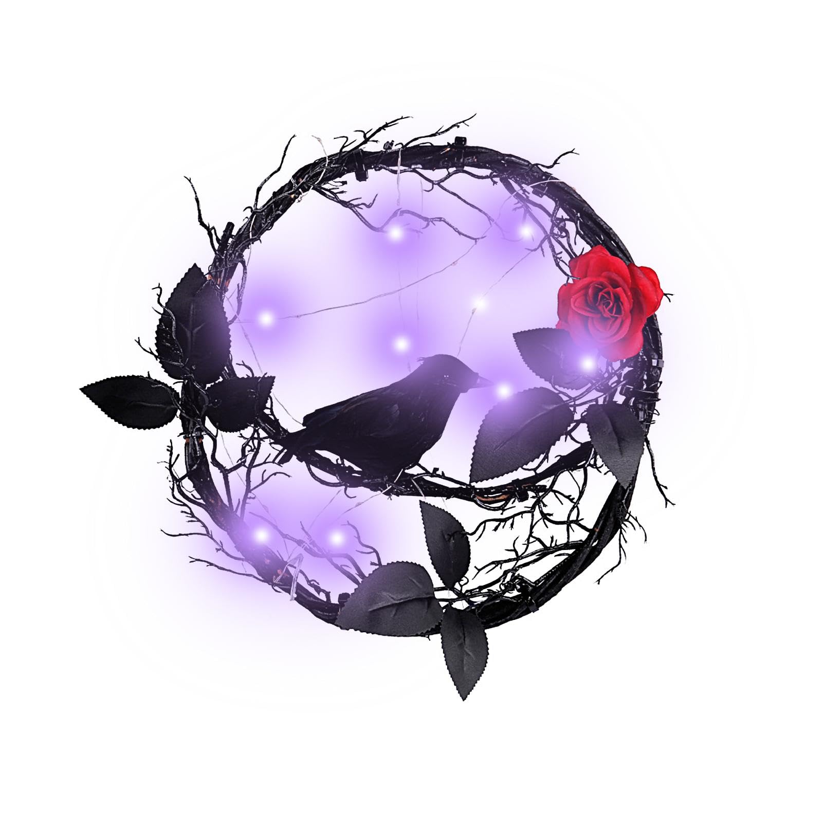 Couronne de Corbeau d'Halloween Lumineuse LED - Décoration de Porte d'Entrée Effrayante Rouge