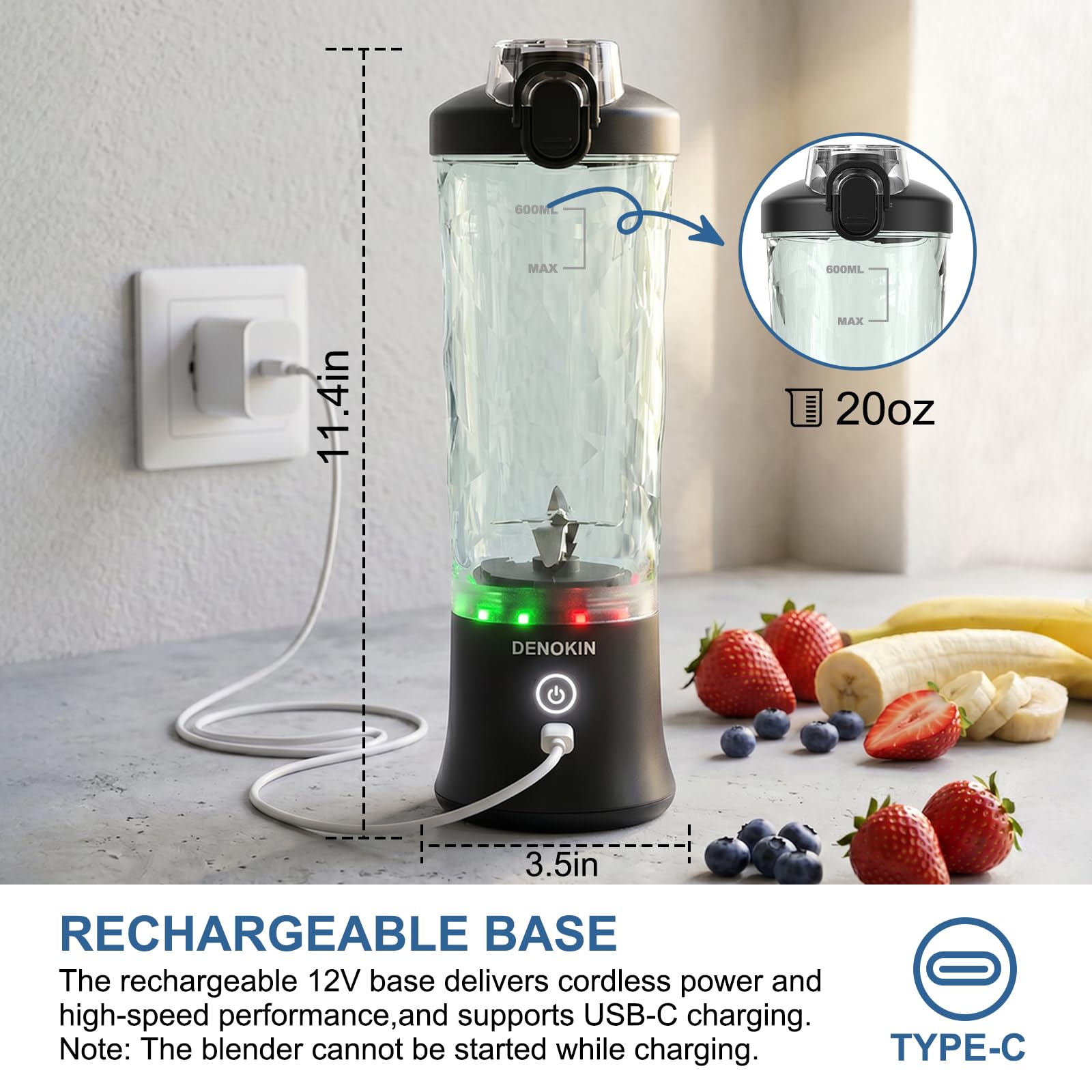 Licuadora portátil, licuadora de tamaño personal para batidos y batidos con mini licuadora de 6 hojas, 20 onzas para cocina, hogar, viajes