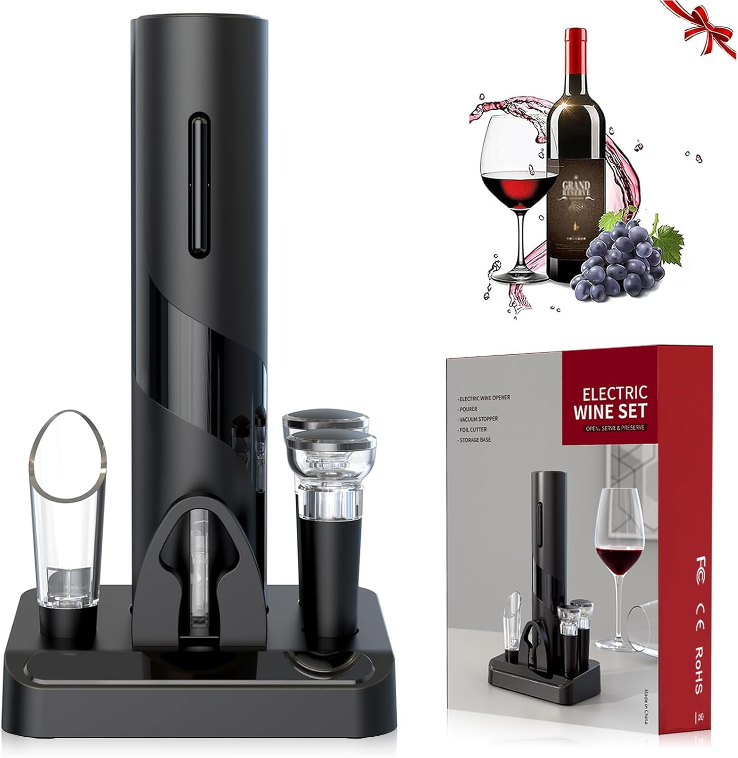 Pomefar Electric Wine Opener, Wine Corkscrew Wine Bottle Opener with Foil Cutter, 2 Vacuum Stoppers, Wine Pourer, Automatic Wine Opener 4-in-1 Gift Set for Wine Lover Kitchen Party Home Pomefar Electric Wine Opener, Wine Corkscrew Wine Bottle Opener with Foil Cutter, 2 Vacuum Stoppers, Wine Pourer, Automatic Wine Opener 4-in-1 Gift Set for Wine Lover Kitchen Party Home