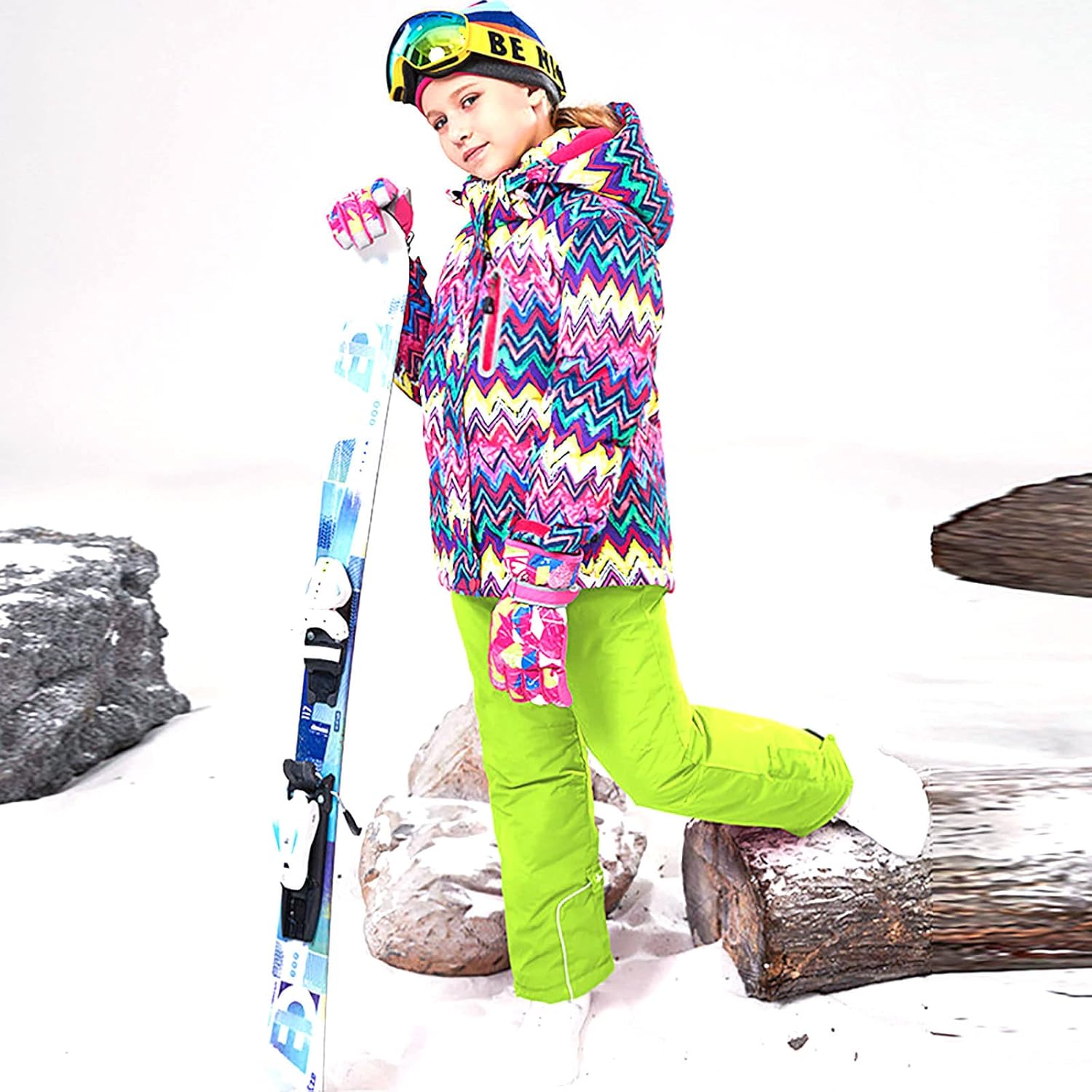 Girl's Snowsuit Children Snowboard Ski Jacket Pants Set Youth Windproof Stripe Pattern Coat Warm in -30°C (-22℉)