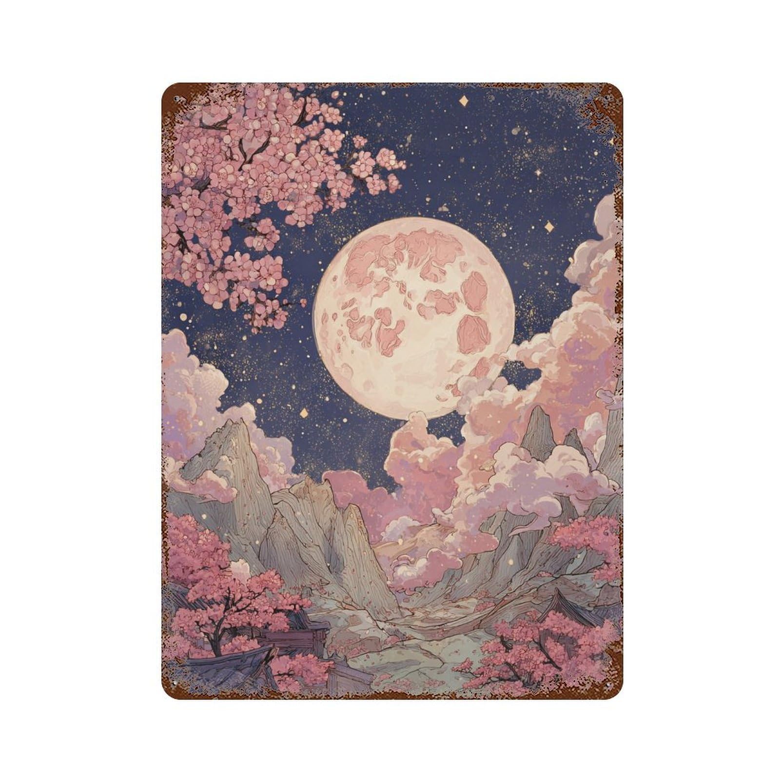Cherry Blossom Moonlit Landscape Vintage Metal Tin Sign 15.7"x11.8", Novelty Wall Decor for Garage, Pub Or Kitchen