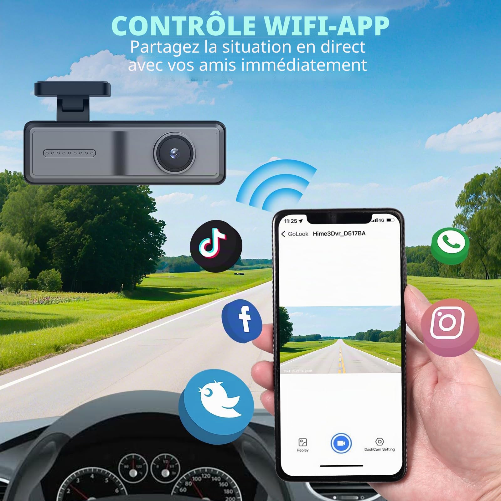 Dashcam Voiture Avant Arrière 2K avec WiFi & App, Caméra Embarquée Voiture Grand Angle 160°, Vision Nocturne F1.8, G-Sensor, Enregistrement en Boucle, Mode Parking 24H, Carte SD 32 Go Incluse