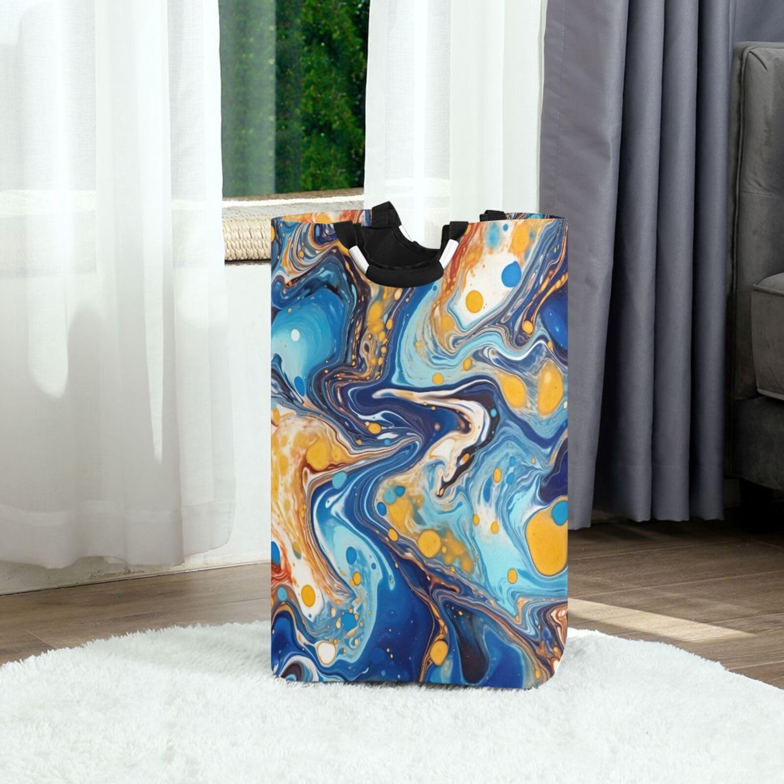 Jihqo Laundry Hamper Basket Marble Painting Blue Yellow Collapsible Nursery Storage Bin Waterproof Clothing Baskets for Home Bedroom Bathroom Washing Room
