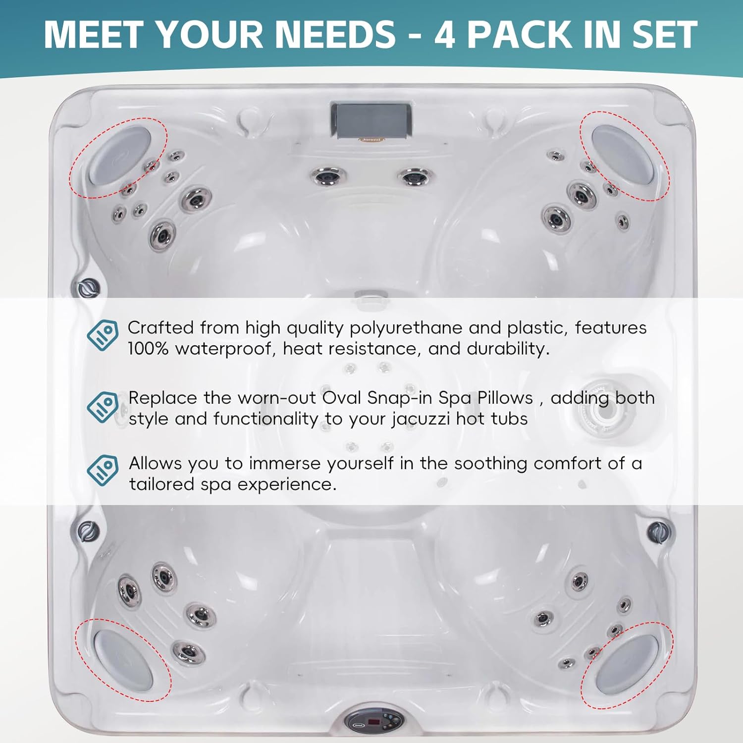 Sunluway 4 Pack 2472-828 Headrest Spa Pillow Replacement for All Jacuzzi J-200 Series Spa Models J-230 J-235 J-245 J-270 J-275 J-280 Oval Spa Pillow, Hot Tub Head Rest Pillow, Snap-in