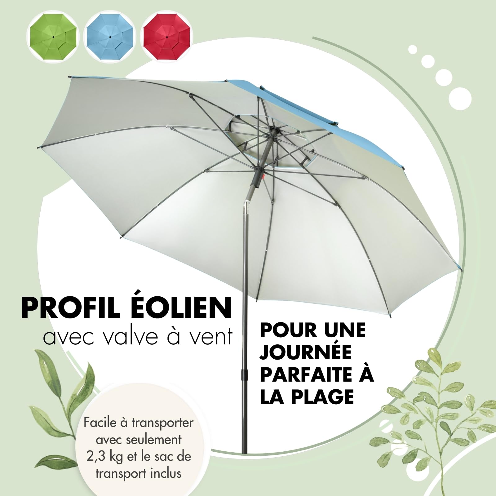 Doppler Derby Windprofi Bleu - Parasol Plage et Balcon Valve Vent Protection UV Reglable Hauteur Pliable