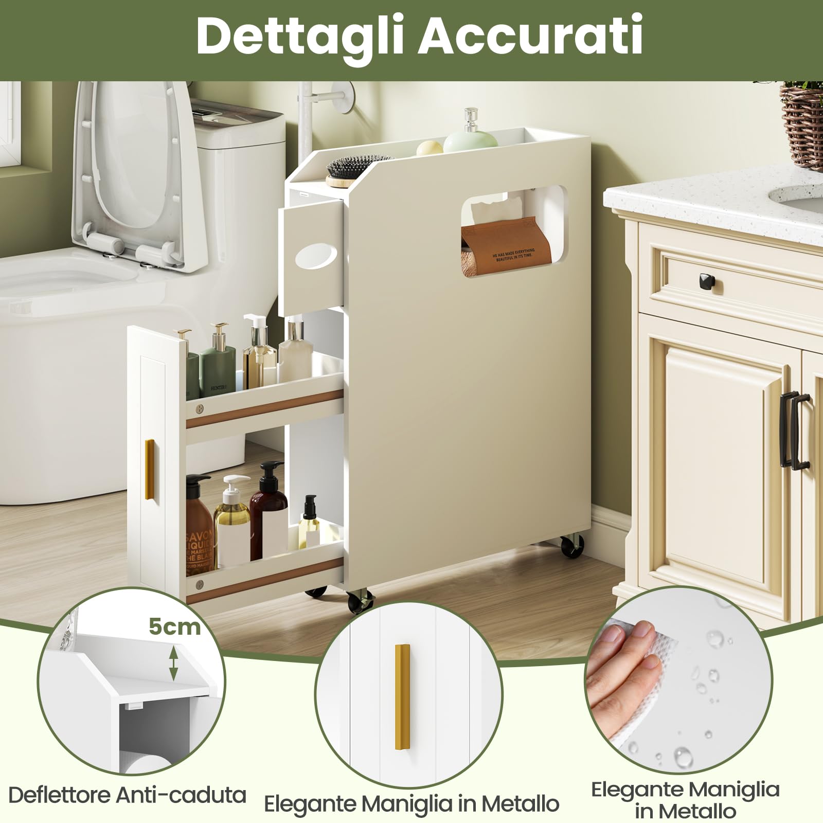 RELAX4LIFE Mobile da Bagno Stretto, Carrellino Salvaspazio con Ruote, Organizzatore Mobiletto Bagno, Porta Carta Igienica, per Spazi Ridotti, 16 x 50 x 69 cm (Bianco)