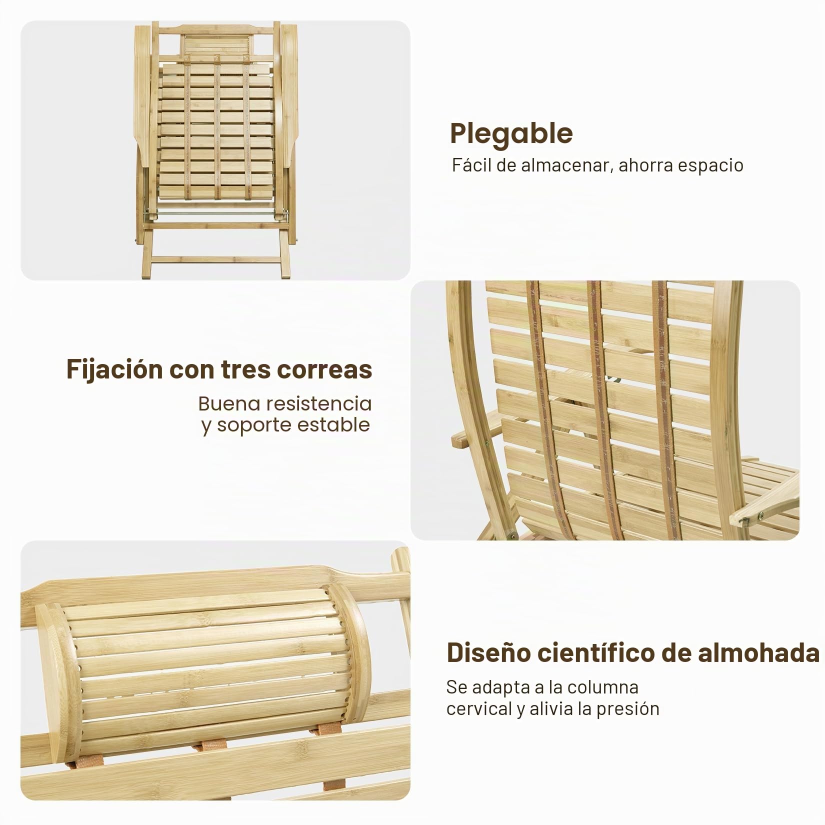 FATIVO Silla Mecedora de Jardín, Silla Tumbona Bambú Sillón Reclinable de Bambú Plegable con Reposapiés y Masaje de Pies 5 Posición Ajustable para Terraza Balcón Jardín Patio