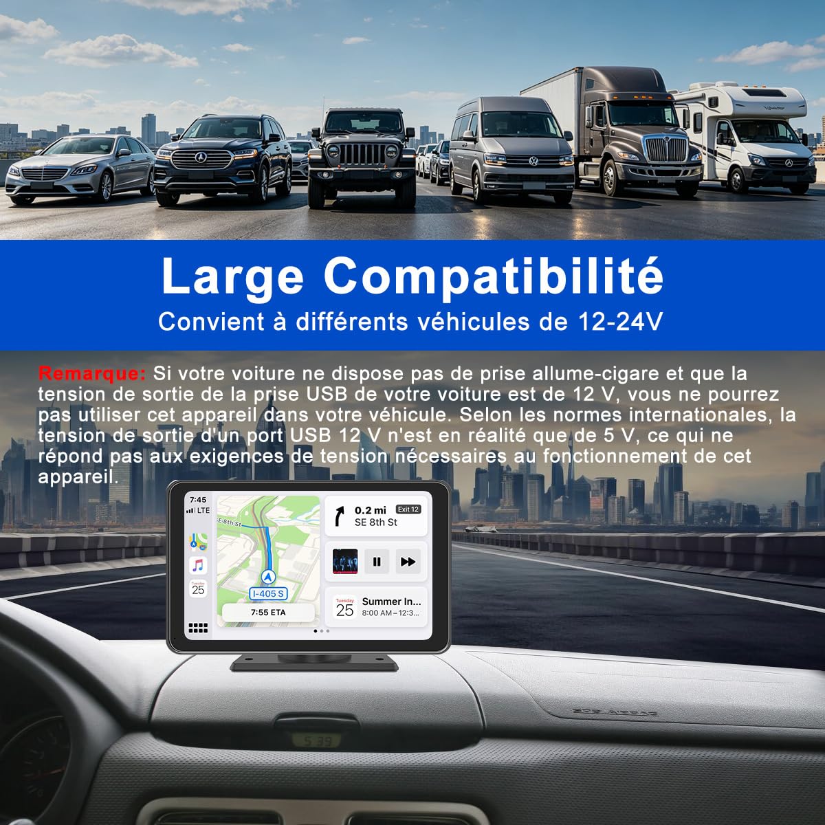 CarPlay Voiture, Portable Autoradio CarPlay & Android Auto sans Fil, Stéréo de Voiture 7 Pouces Écran Tactile avec GPS Navigation, Contrôle Vocal, Bluetooth Appels avec Mains Libres, FM, MirrorLink