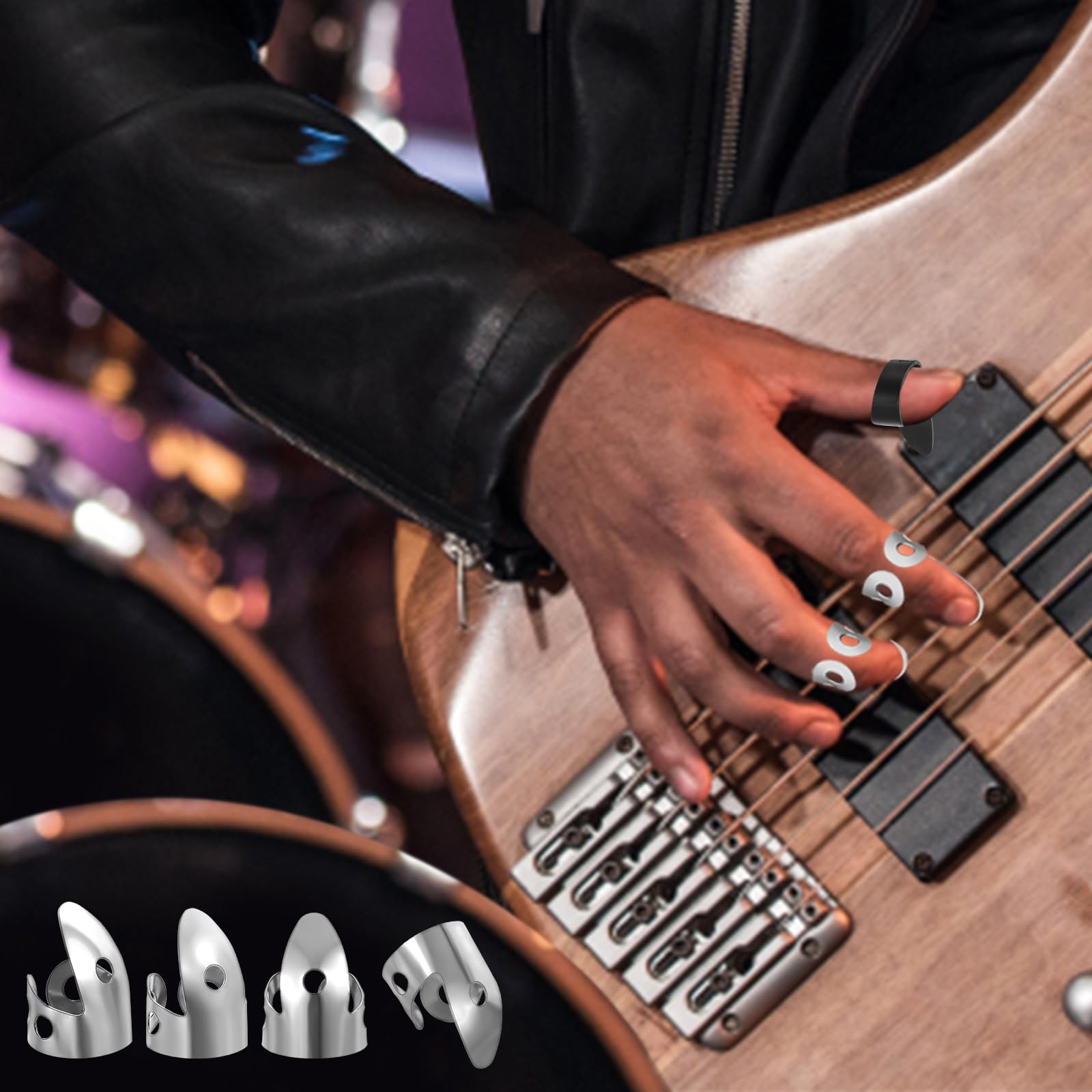 6 plettri per chitarra da dita: in metallo, plettro regolabile per basso con acciaio inossidabile e plettro per il pollice, per chitarra, banjo e altri strumenti