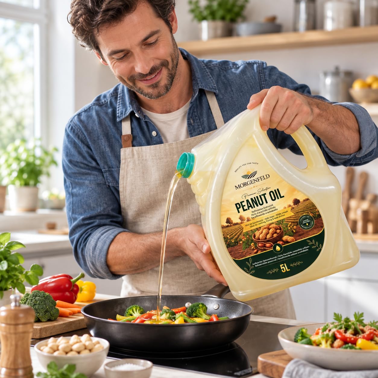 Aceite de cacahuete Morgenfeld 4 x 5 l – Aceite de cacahuete para freír, freír, wok y cocinar, aceite vegetal para cocina asiática, sartén, parrilla, adobos, verduras