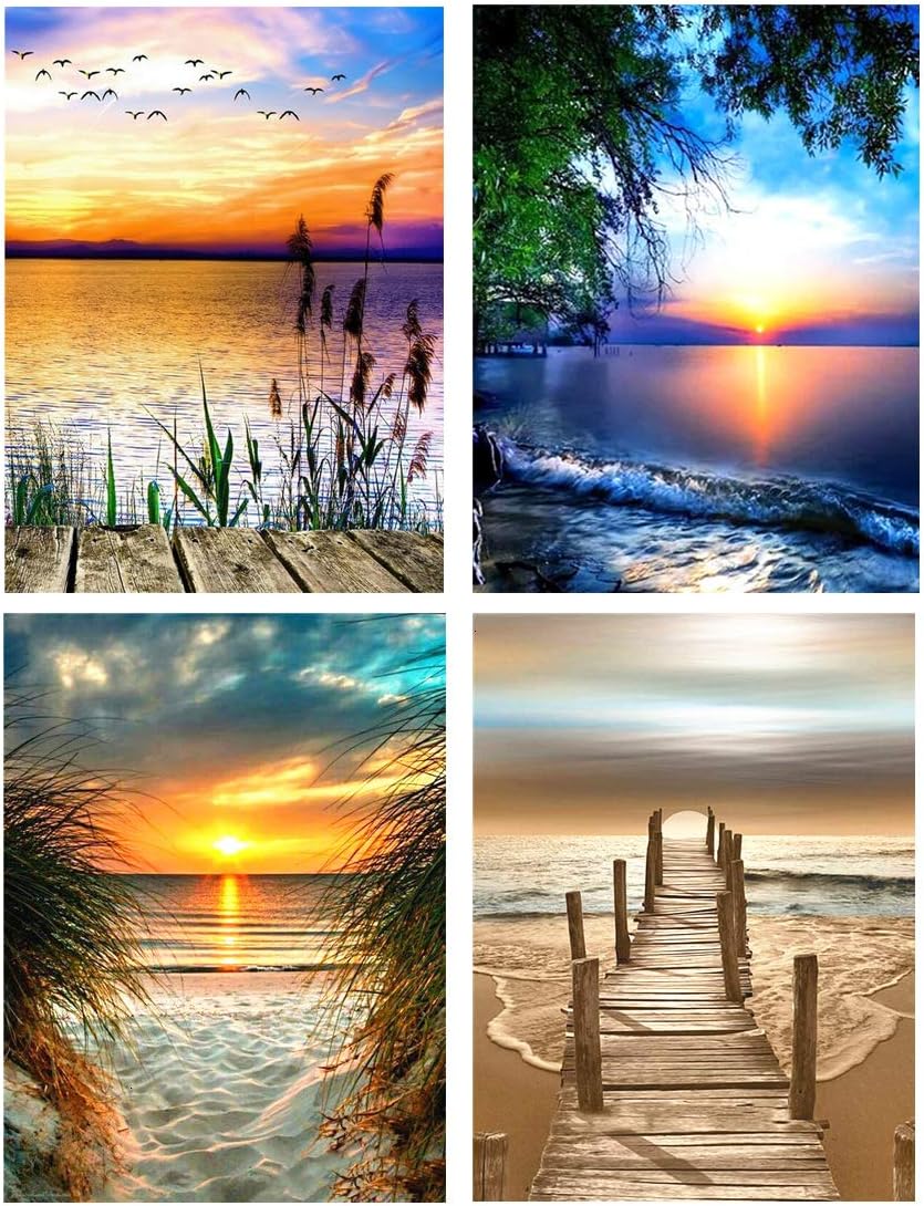 (4 Pack) DIY 5D Diamond Painting Kits,View Painting by Number Kits, Painting Cross Stitch Full Drill Crystal Rhinestone Embroidery Pictures Arts Craft for Home Wall Decor Gift.(12'*16"Inchs)