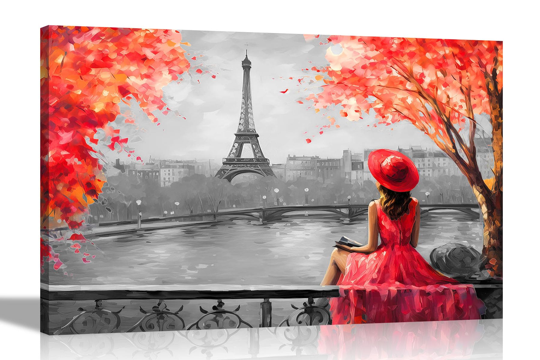 Artley Prints Landscape Grey Red Black And White Alone And Blissful In Paris Red Canvas Wall Art: Abstract Prints For Living Room Decor - Ready To Hang Pictures 76 X 50Cm (30 X 20 Inches)