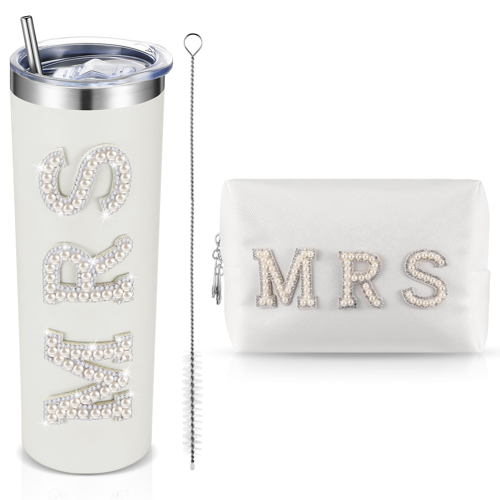 Ziliny Bride Gift Including Mrs Bride Makeup Bag 20 oz Bride Tumbler with Straw Brush Bachelorette Gift for Bride Pearl Rhinestone Letter Zipper Purse Bride Cup Portable White Makeup Bag Mrs Tumbler