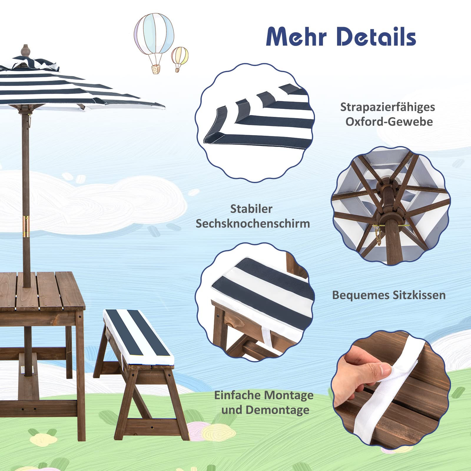 GOPLUS Kinder Picknicktisch, Kindersitzgruppe mit Bänke, Kissen & Sonnenschirm, Kindersitzgarnitur Outdoor aus Holz, Kindersitzbank Sitzgruppe Gartentischset Gartenmöbel für Garten, Terrasse & Balkon
