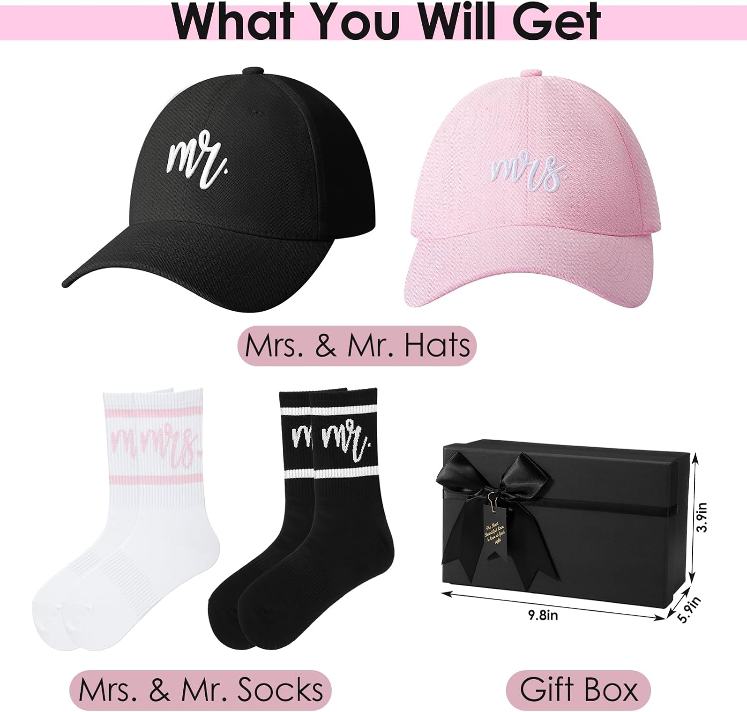 Eurzom 5 Pcs Mr and Mrs Gifts Embroidered Baseball Caps Mr and Mrs Crew Socks Bride and Broom Gift Box Set for Couples Newlywed Honeymoon Bridal Shower Engagement Wedding Favors - Image 2