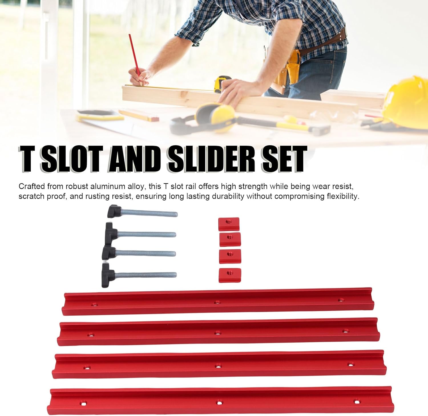 LiebeWH T Track and M8 Slider Block Set 400mm Aluminum T Slot Rail with Pre Drilled Holes and Slider Block Set Double Cut Profile for Woodworking