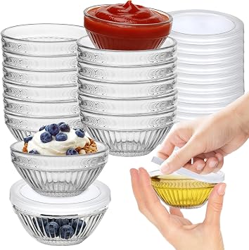 12 Pack Mini 3 Inch Small Glass Bowls with 12 Pack Lids, 2.5 oz Clear Glass Pinch Bowls, Condiment Containers, for Dips, Nuts, Candy, Snacks, Meal Prep Bowls