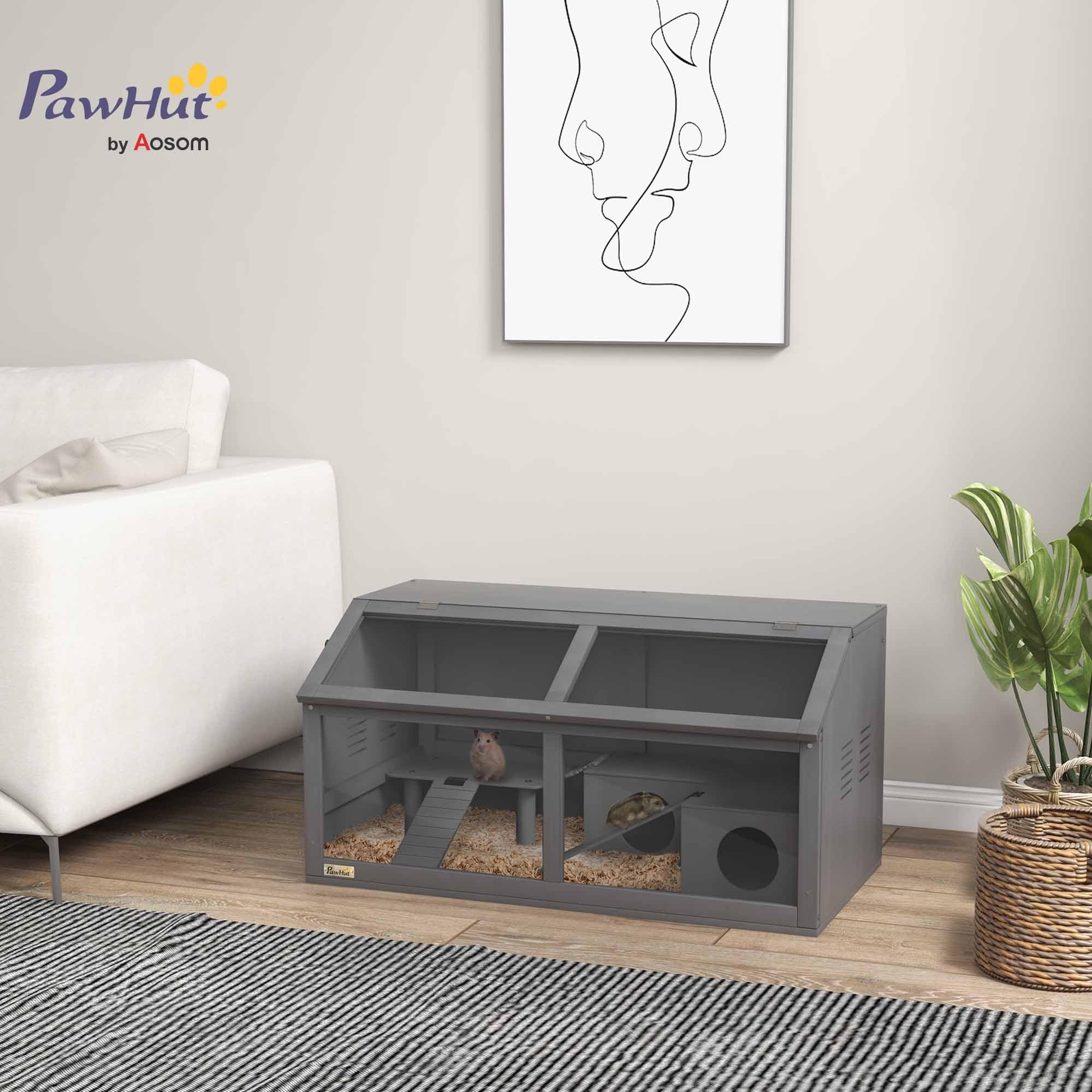 PawHut jaula de madera para hámsters jaula para animales pequeños, con puente colgante, escaleras, caseta, 85 x 45 x 44 cm para roedores con puerta superior, para hámsters enanos, gris oscuro