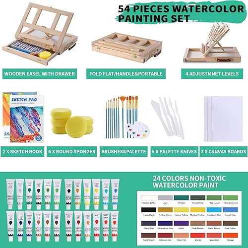 Miniatura 2 de Juego de pintura de acuarela de 54 piezas con caballete de madera portátil, suministros completos de pintura para principiantes con pinturas de