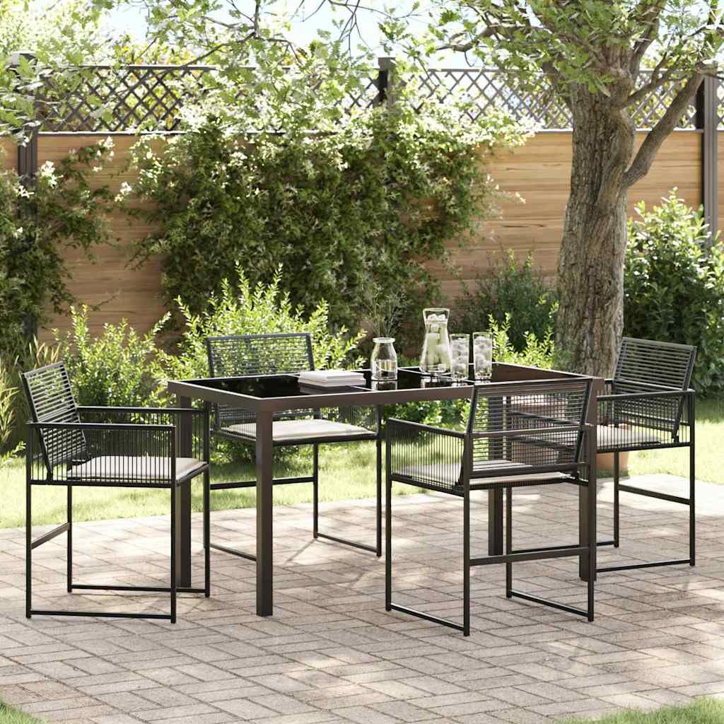 Set da Pranzo da Giardino 5 Pz in Polyrattan con Tavolo Nero | Struttura pieghevole salvaspazio con piano in vetro temperato, ideale per cene all'aperto su terrazzo o patio.