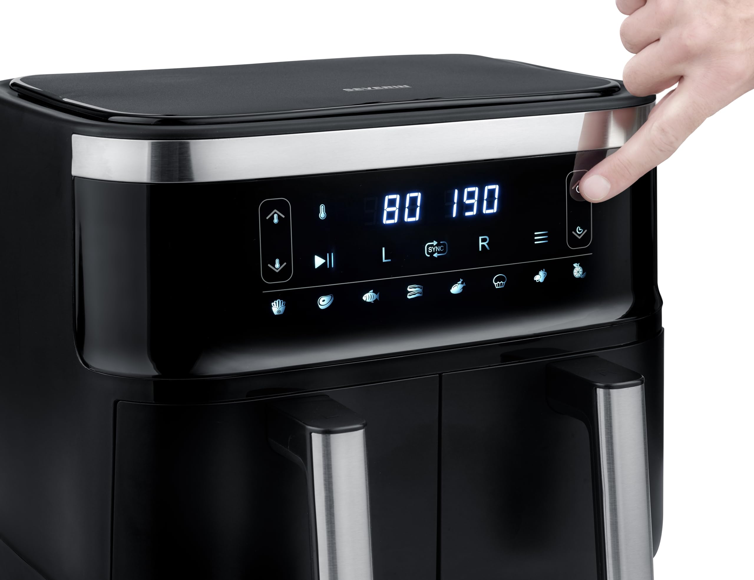 SEVERIN Doppel Heißluftfritteuse mit 2 x 3,8 L Garraum, XXL Heißluftfritteuse für gesundes Kochen, 8 Automatik-Programme, Fritteuse ohne Fett mit Dörrfunktion, 2850 W, schwarz/silber, FR 2453