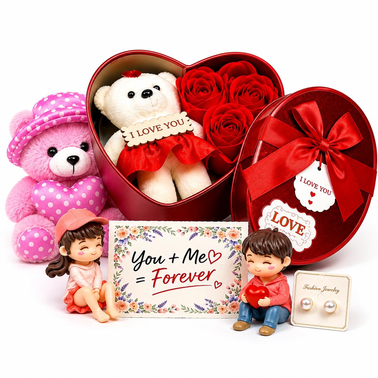 Gift Combo Set for Girlfriend Wife - Heart Box with Roses, Plush Pink Teddy Bear, Couple Miniature Figurine, Earrings & Note Card - Romantic Birthday, Anniversary, Valentine Gift for Girls-image-36