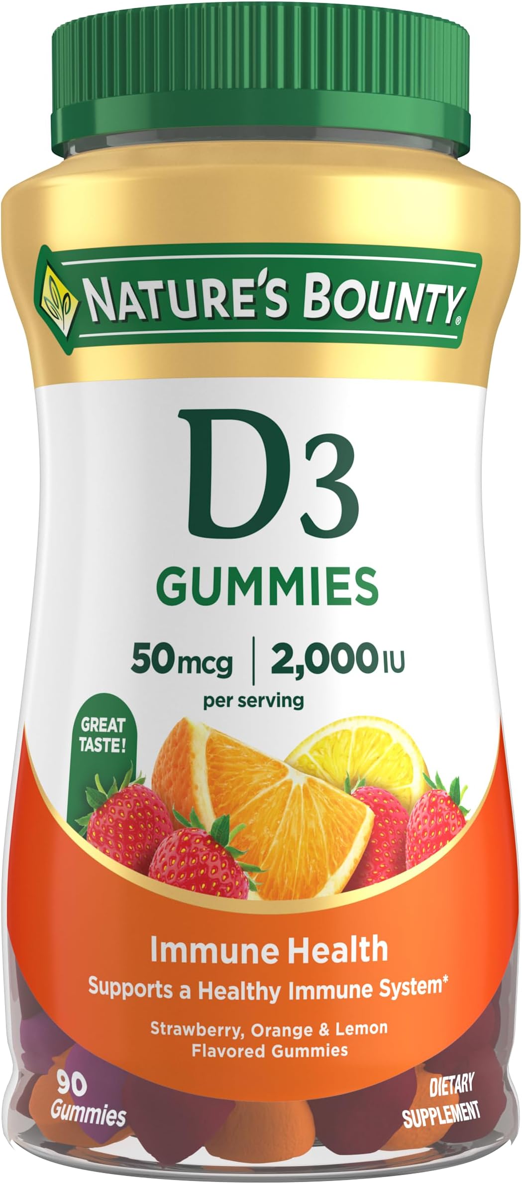 Vitamin D3 Gummies, Vitamin Supplement, Supports Immune Health, 50mcg, 2000IU, Mixed Fruit Flavor, 90 Gummies