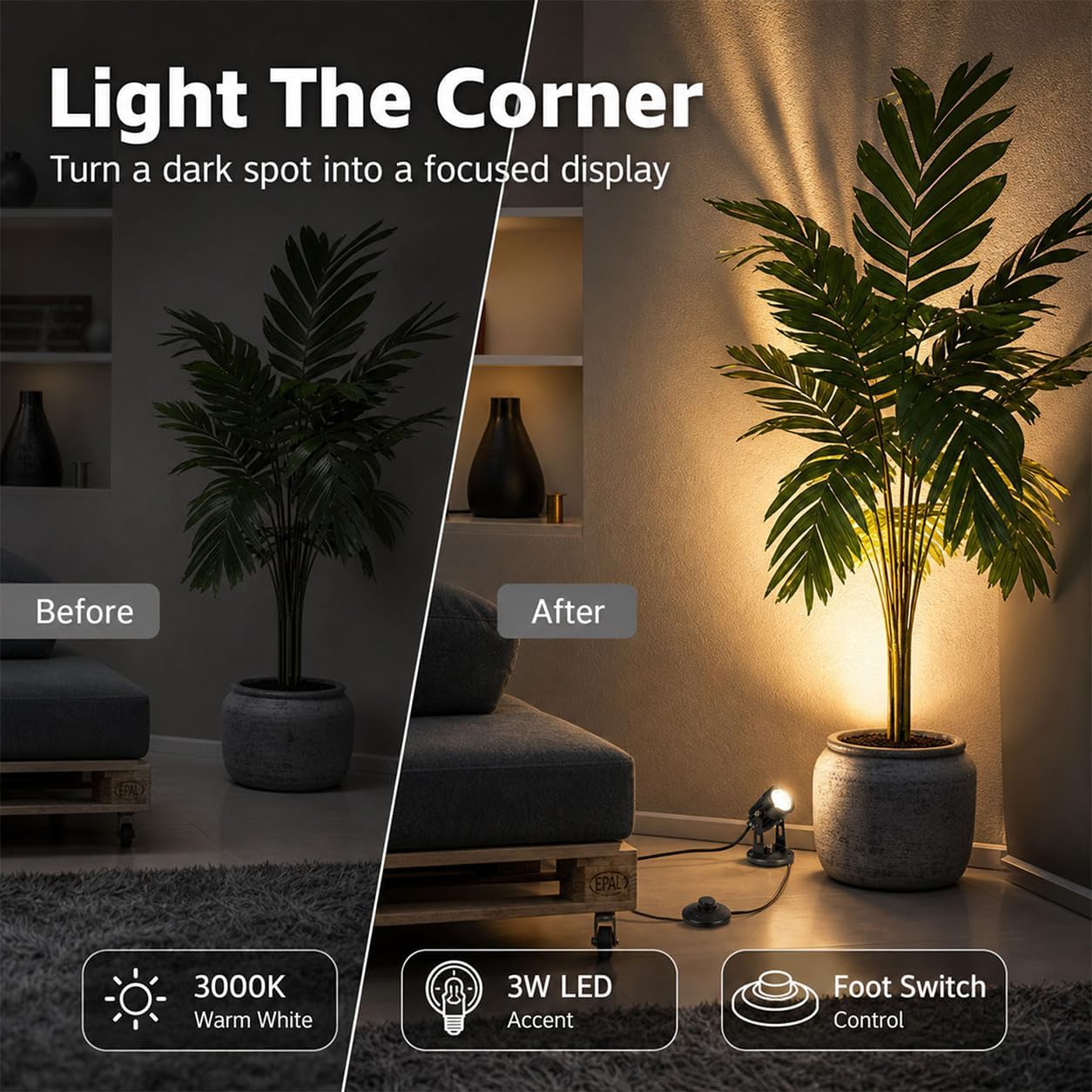 QWORK 2 Pack LED Spot Lights Indoor 3000K Warm White for Plants Pictures Wall, 3W 120V Uplight Accent Lighting with 5.9ft Cord & On/Off Foot Switch, 270° Adjustable, Base & Stake