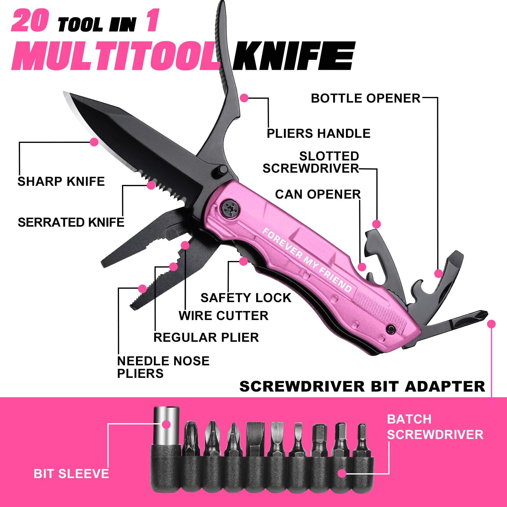 Best Friend Gift for Women, FOREVER MY FRIEND P-ink Multitool Knife, Best Friend Gift, Christmas Birthday Gifts Ideas for Best friend