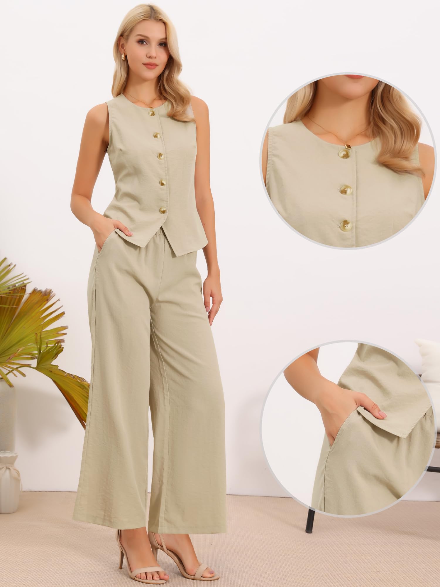 Allegra K Damen 2-Teilige Blazer Sets Zweiteilige Outfits Leinenweste Elegante und Legere Sets Hosenanzüge mit Weitem Bein