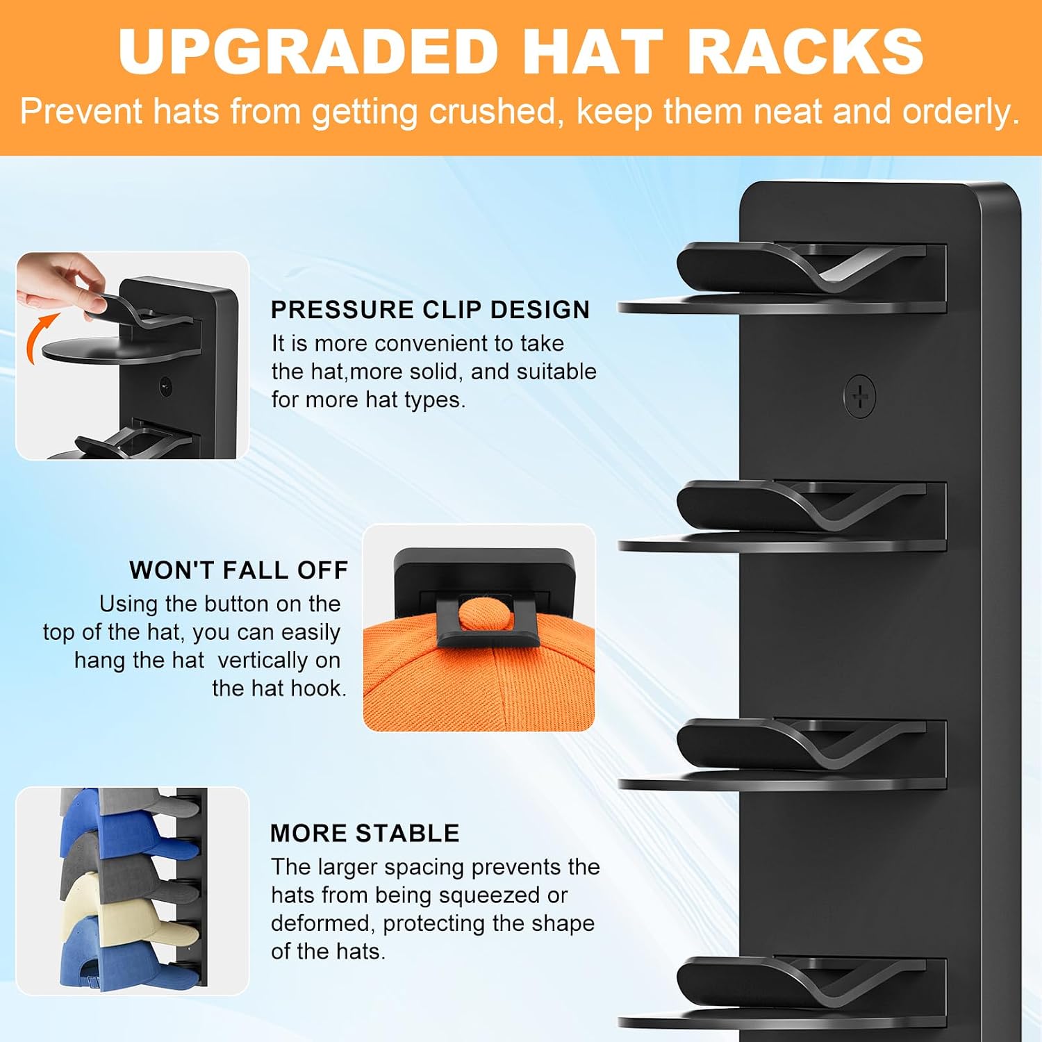 Vocanoe Hat Organizer for Baseball Caps, 2 Pack Hat Rack for Wall Strong Adhesive, Multilayer Hat Storage Holder, Wall Mounted Cap Racks for Closet Door and Bedroom