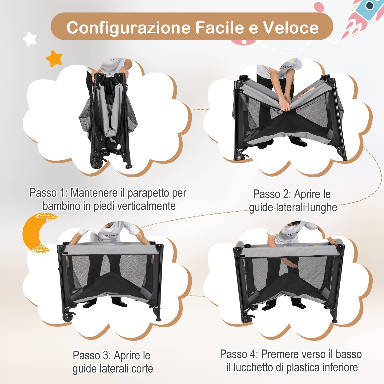 COSTWAY Lettino da Campeggio con Materasso, Lettino Pieghevole per Bambini con Fasciatoio, Culla da Viaggio con Ruote, Giocattolo, Lettino Bambini Staccabile, per Bambini 0-36 Mesi (Nero)