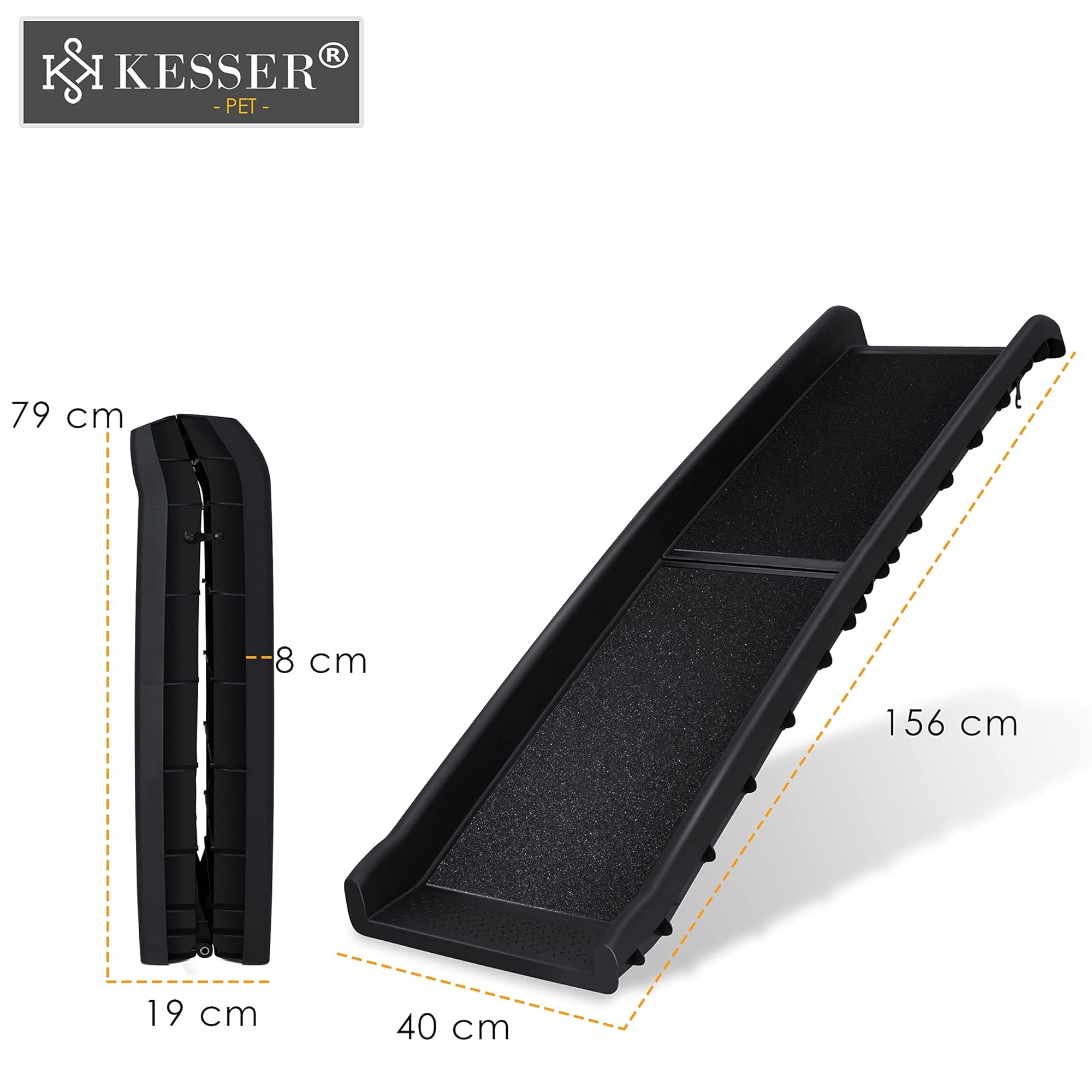 KESSER® Rampa para Perros, escaleras para Perros, rampa de Perros para Coches, rampa Plegable para Mascotas, Ayuda para la Entrada en el Maletero, hasta 90 kg, 156 x 40 cm, Negro