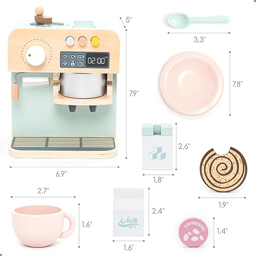 Miniatura 6 de UMU Cafetera de juguete de madera para niños, accesorio de cocina de juego de simulación para niños pequeños, juego de máquina de café expreso,