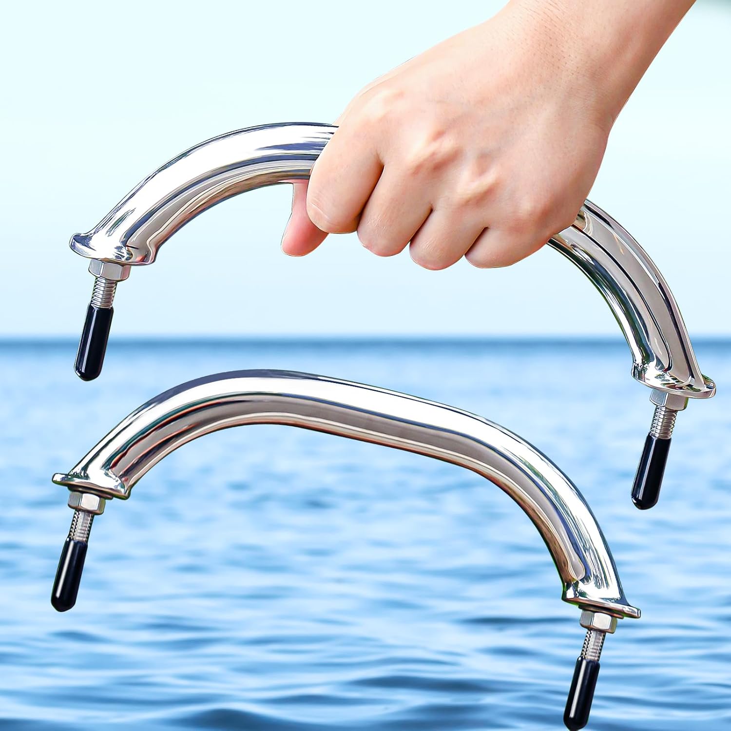 2PCS Stailess Steel Boat Grab Handle Polished Round Tube Marine Handrail with Flange & Stud - 8" Long