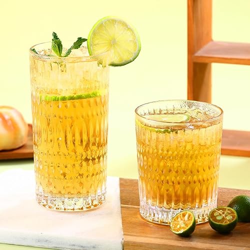 Glassware - Juego de 8 vasos altos de 14 onzas y vasos de vidrio acanalado de 10 onzas, cristalería vintage para agua, jugo, cóctel, whisky