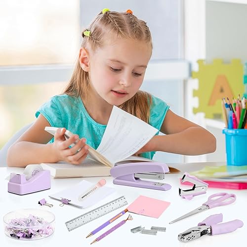 Miniatura 6 de leepiya Kit de suministros de oficina, 14 unidades, accesorios de escritorio de oficina con grapadora, tijeras para quitar grapas, perforador,
