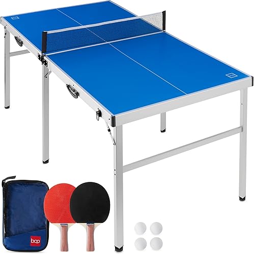 Best Choice Products Mesa de ping pong portátil de 6 x 3 pies, de tamaño mediano, plegable, para interiores y exteriores, con 2 paletas, 4 pelotas